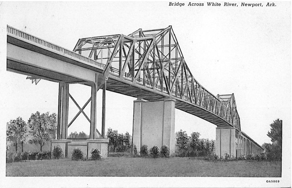 Postcard featuring a greyscale photo of a bridge and the text 'Bridge Across White River, Newport, Ark'