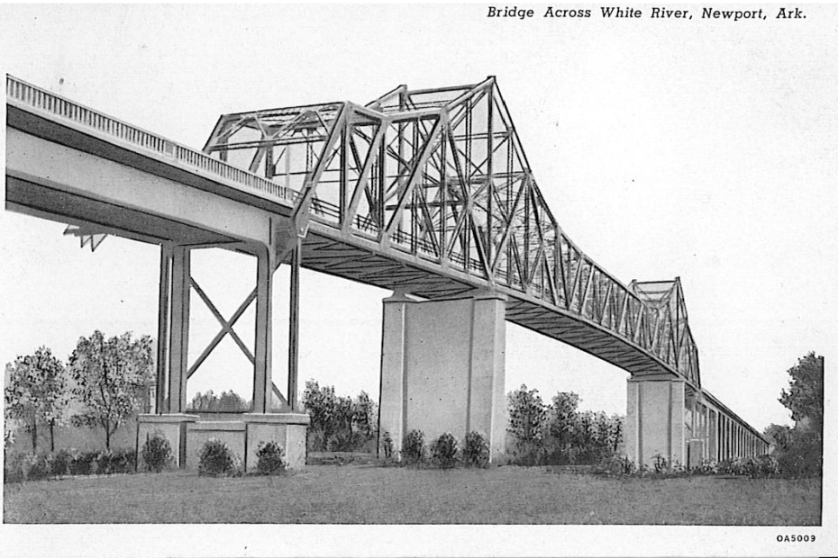 Postcard featuring a greyscale photo of a bridge and the text 'Bridge Across White River, Newport, Ark'