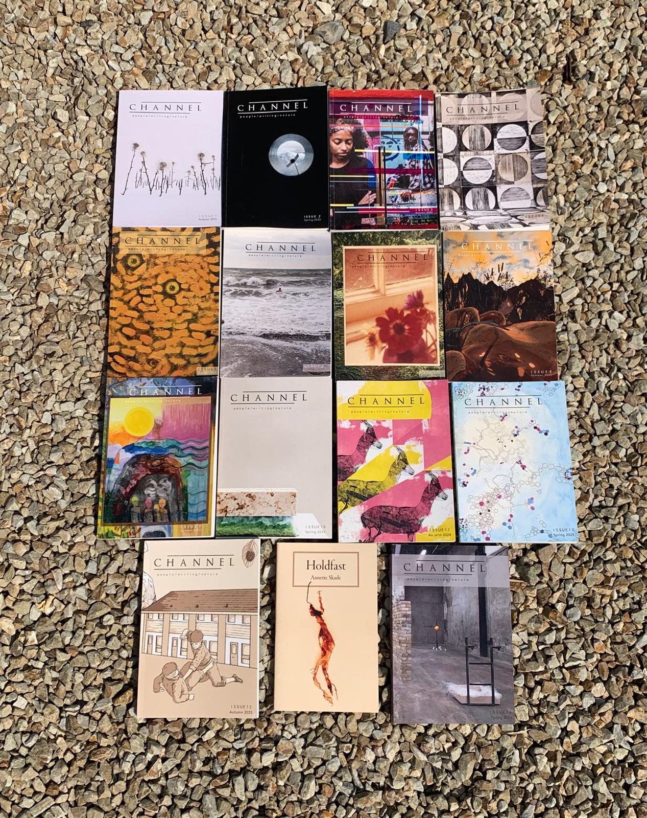Photo of rows of books laid out on a pebbled surface