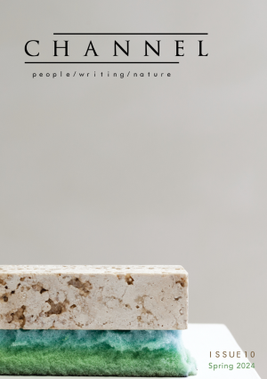 Front cover of Channel Issue 10, featuring the journal's title and the tagline 'people / writing / nature' against part of a photograph of a sculpture, showing a piece of cracked white stone over layers of green and turquoise foam