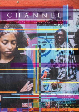 Front cover of Channel Issue 3, featuring the journal's title and the tagline 'people/writing/nature' laid over an artwork involving photographic portraits of two Black teenagers, colourful drawings and coloured lines