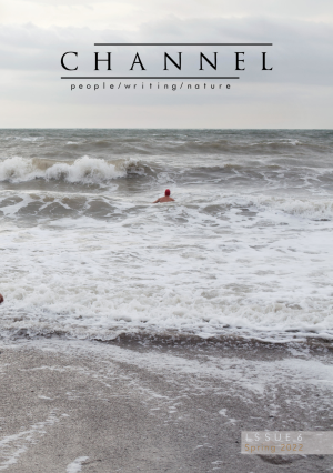 Front cover of Channel Issue 6, featuring the journal's title and the tagline 'people/writing/nature' laid over a photo of a grey sea with a person swimming in the distance