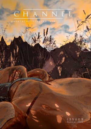 Front cover of Channel Issue 8, featuring the journal's title and the tagline 'people/writing/nature' against a dark, fantastical image of part of a glassy brown human-like figure lying on the ground in front of plants and mountains, beneath a dusky sky